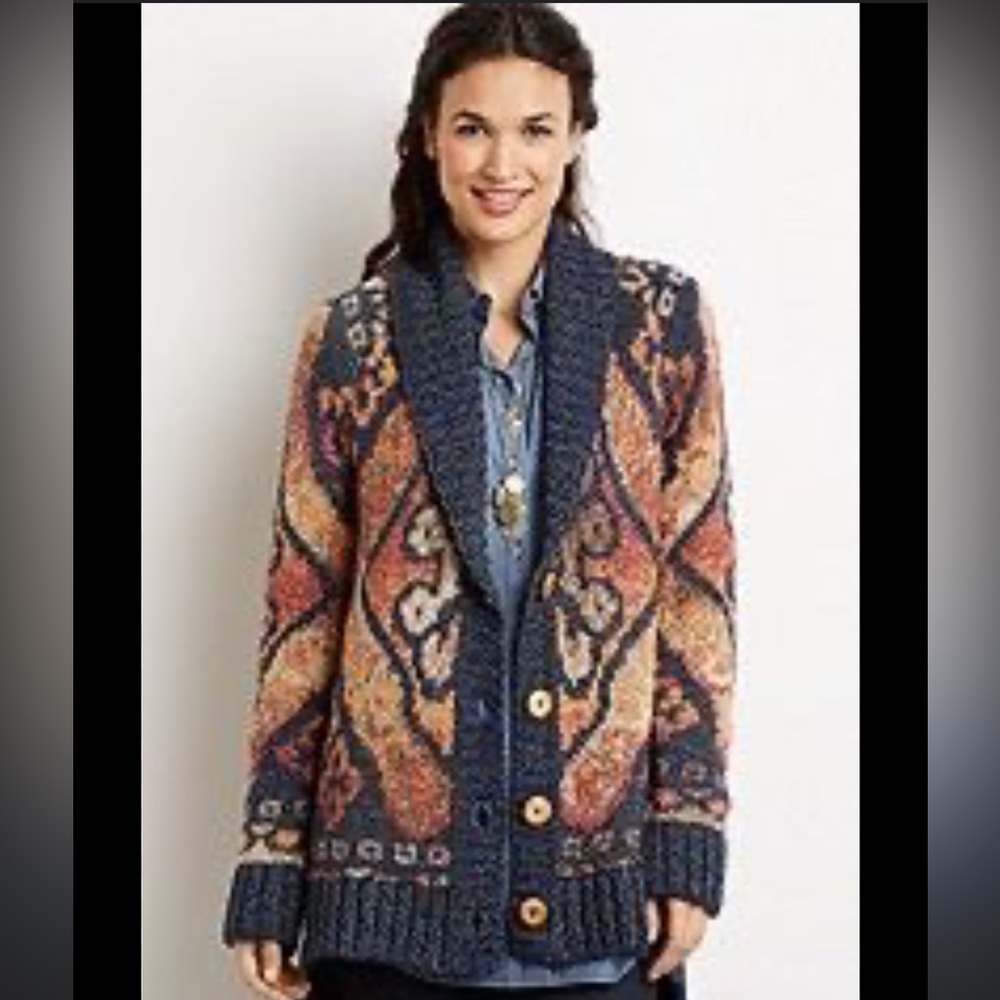 J. Jill Wool Blend Shawl Collar Cardigan XS Petite Chunky Knit Boho Southwest